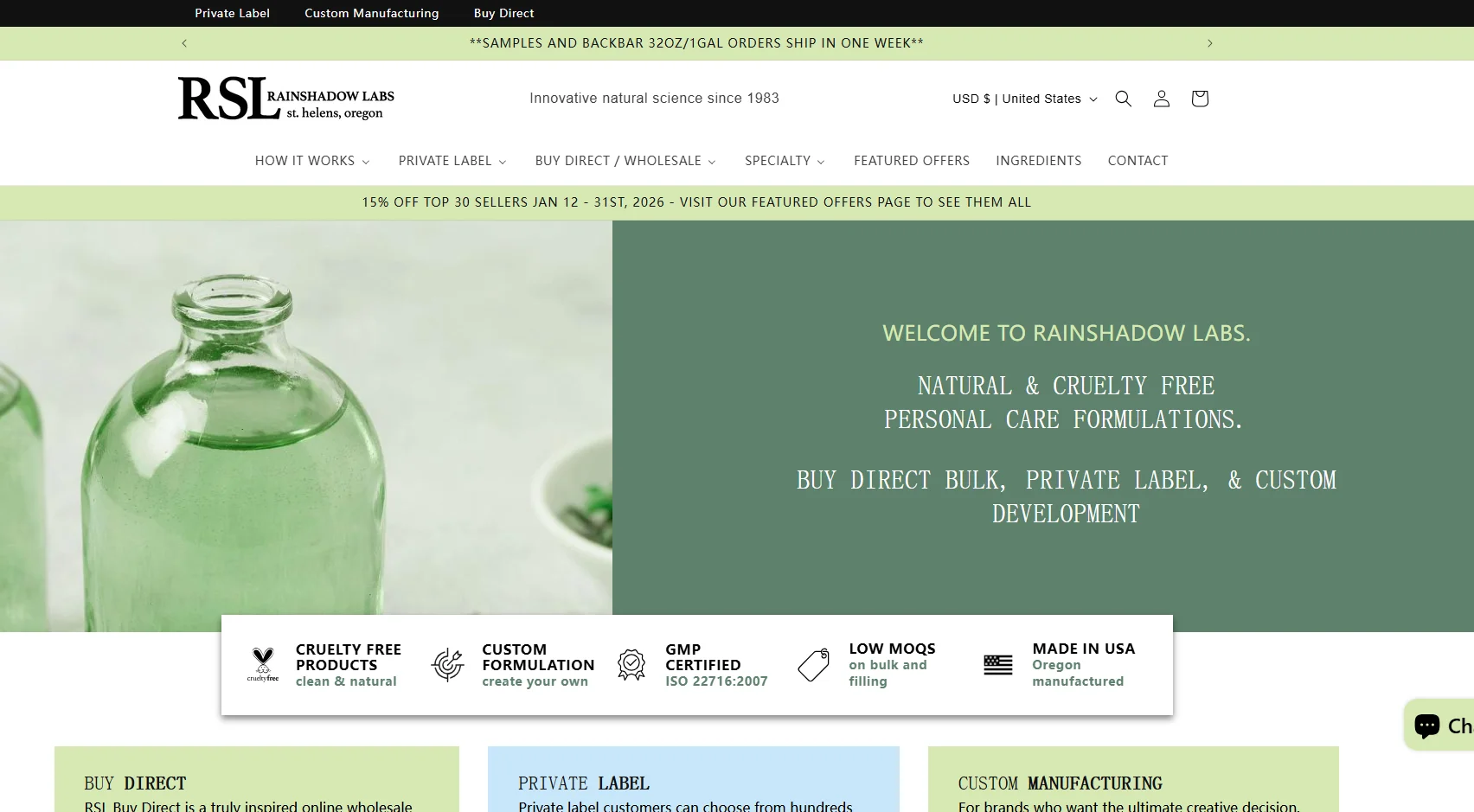 Rainshadow Labs website offers natural, cruelty-free personal care formulations with options for direct bulk, private label, and custom development.